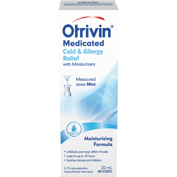 A bottle of Otrivin Medicated Cold & Allergy Relief to unblock nasal congestion due to colds, allergies or hay fever.