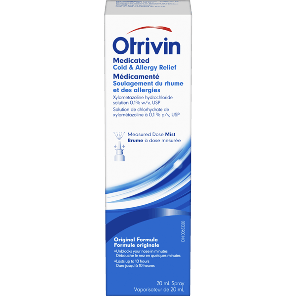 A bottle of Otrivin Medicated Cold & Allergy Relief with Moisturizers to unblock nasal congestion and soothe your nose.