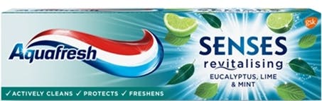 Aquafresh Senses Revitalising toothpaste blue and green packaging. Aquafresh Senses Revitalising toothpaste blue and green packaging.