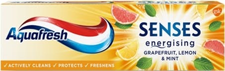 Aquafresh Senses Energising toothpaste yellow and orange packaging. Aquafresh Senses Energising toothpaste yellow and orange packaging.