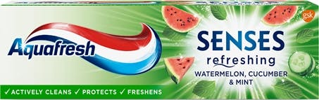 Aquafresh Senses Refreshing toothpaste fruity green packaging. Aquafresh Senses Refreshing toothpaste fruity green packaging.