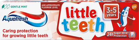 Aquafresh Little Teeth toothpaste red packaging with Billy. Aquafresh Little Teeth toothpaste red packaging with Billy.
