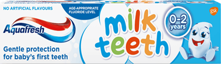 Aquafresh Milk Tooth toothpaste playful blue and white packaging with Milky. Aquafresh Milk Tooth toothpaste playful blue and white packaging with Milky.