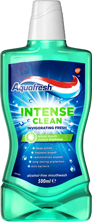 Aquafresh Intense Clean mouthwash with transparent packaging revealing green mouthwash and a blue/green label. Aquafresh Intense Clean mouthwash with transparent packaging revealing green mouthwash and a blue/green label.
