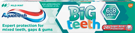 Aquafresh Big Teeth toothpaste mint green packaging. Aquafresh Big Teeth toothpaste mint green packaging.