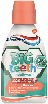 Aquafresh my Big Teeth mouthwash in a playful packaging. Aquafresh my Big Teeth mouthwash in a playful packaging.