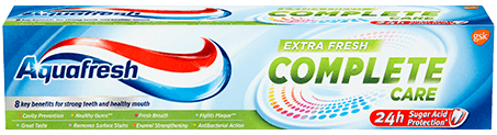 Aquafresh All In One Extra Fresh toothpaste blue packaging with green accents. Aquafresh All In One Extra Fresh toothpaste blue packaging with green accents.