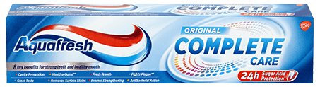 Aquafresh All In One Original toothpaste blue packaging. Aquafresh All In One Original toothpaste blue packaging.