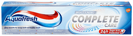 Aquafresh All In One Whitening toothpaste packaging with silver accents. Aquafresh All In One Whitening toothpaste packaging with silver accents.