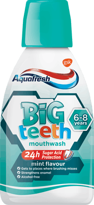 Aquafresh my Big Teeth mouthwash in a playful packaging. Aquafresh my Big Teeth mouthwash in a playful packaging.