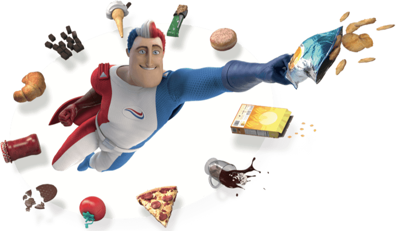 Captain Aquafresh flying surrounded by various food - tomato, pizza, coffee,... Captain Aquafresh flying surrounded by various food - tomato, pizza, coffee,...