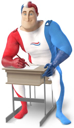 Captain Aquafresh taking notes while sitting in a school desk. Captain Aquafresh taking notes while sitting in a school desk.