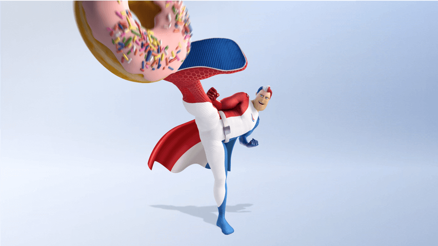 Der Superheld von Odol-med3 einen Donut tretend. Der Superheld von Odol-med3 einen Donut tretend.