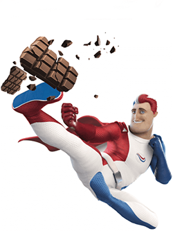 Captain Aquafresh kicking and breaking a choclate bar into multiple fragments. Captain Aquafresh kicking and breaking a choclate bar into multiple fragments.