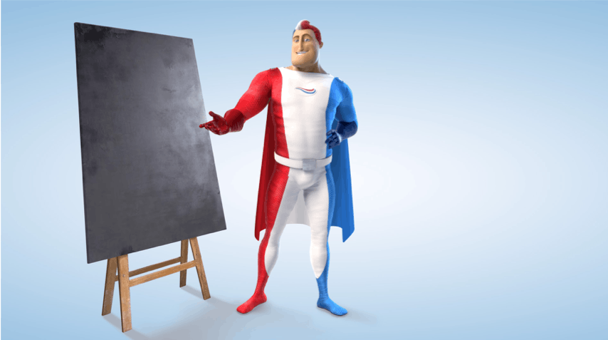 Captain Aquafresh standing near a blank chalk board and pointing to it. Captain Aquafresh standing near a blank chalk board and pointing to it.