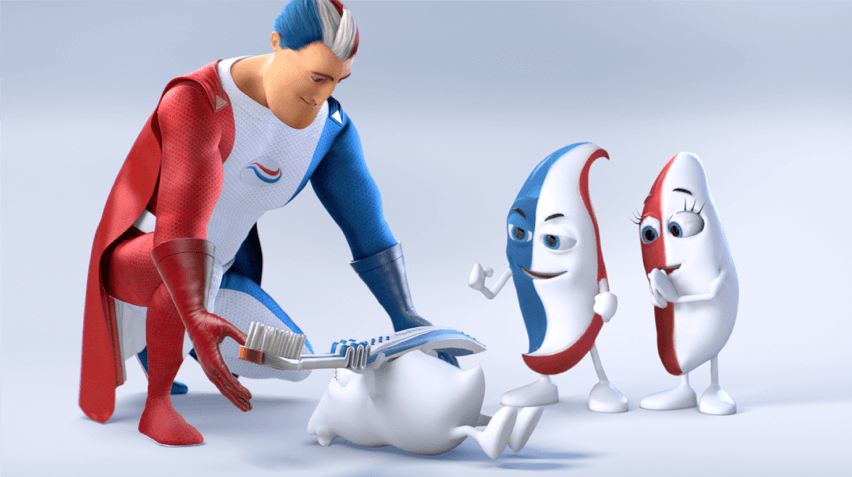 Captain Aquafresh spotting Milky while he bench presses a toothbrush with Billy and Lilly cheering for him. Captain Aquafresh spotting Milky while he bench presses a toothbrush with Billy and Lilly cheering for him.