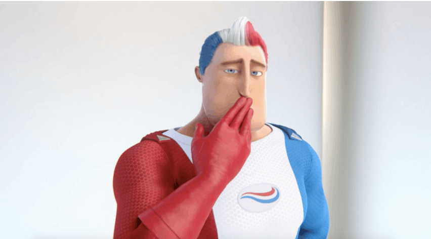 Der Superheld von Odol-med3 bedeckt seinen Mund mit einem leicht verlegenen Gesichtsausdruck. Der Superheld von Odol-med3 bedeckt seinen Mund mit einem leicht verlegenen Gesichtsausdruck.