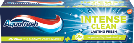 Aquafresh Intense Clean Lasting Fresh toothpaste blue packaging with bright green accent. Aquafresh Intense Clean Lasting Fresh toothpaste blue packaging with bright green accent.