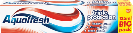 Aquafresh Triple Protection toothpaste red, white and blue packaging. Aquafresh Triple Protection toothpaste red, white and blue packaging.