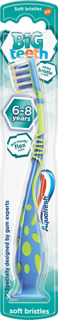 Aquafresh Big Teeth toothbrush with a playful blue/green design and mint green packaging. Aquafresh Big Teeth toothbrush with a playful blue/green design and mint green packaging.
