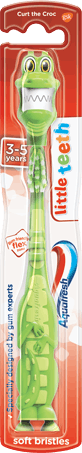 Aquafresh Little Teeth toothbrush with a playful green dragon design and red packaging. Aquafresh Little Teeth toothbrush with a playful green dragon design and red packaging.