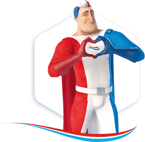 Captain Aquafresh making a heart with his hands to show how much he likes the Aquafresh swoosh. Captain Aquafresh making a heart with his hands to show how much he likes the Aquafresh swoosh.
