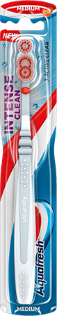 Aquafresh Intense Clean medium toothbrush in silver/white colour combination with Aquafresh colors on the packaging. Aquafresh Intense Clean medium toothbrush in silver/white colour combination with Aquafresh colors on the packaging.