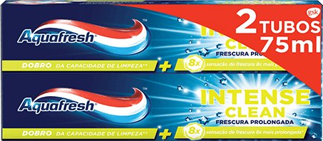 Aquafresh Intense Clean Lasting Fresh toothpaste blue packaging with bright green accent. Aquafresh Intense Clean Lasting Fresh toothpaste blue packaging with bright green accent.