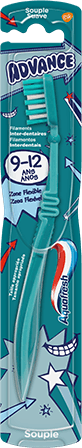 Aquafresh Advance Teeth toothbrush in mint green/white design and a playful blue packaging. Aquafresh Advance Teeth toothbrush in mint green/white design and a playful blue packaging.