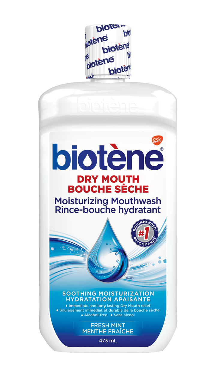 A bottle of Biotène Dry Mouth Moisturizing Mouthwash A bottle of Biotène Dry Mouth Moisturizing Mouthwash