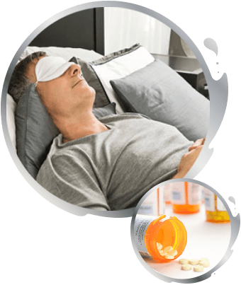 Man sleeping with a sleep mask with an inset image of bottles of pills Man sleeping with a sleep mask with an inset image of bottles of pills