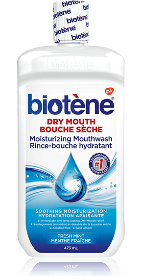 A bottle of Biotène Dry Mouth Moisturizing Mouthwash A bottle of Biotène Dry Mouth Moisturizing Mouthwash