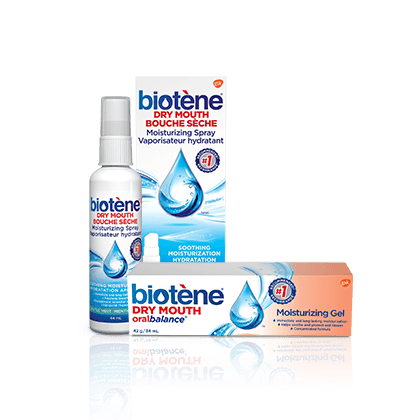 Bottle of Biotène Dry Mouth Moisturizing Spray and box of Biotene Oralbalance Gel Bottle of Biotène Dry Mouth Moisturizing Spray and box of Biotene Oralbalance Gel