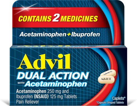 Advil Dual Action Caplets, Ibuprofen with Acetaminophen, 18 Pain Relief Capsule-Shaped Tablets Advil Dual Action Caplets, Ibuprofen with Acetaminophen, 18 Pain Relief Capsule-Shaped Tablets