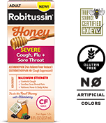 Robitussin Honey Maximum Strength Honey Severe Cough, Flu + Sore Throat Robitussin Honey Maximum Strength Honey Severe Cough, Flu + Sore Throat