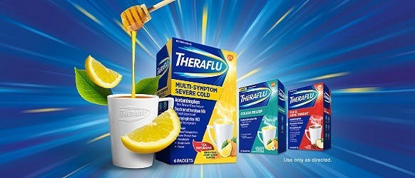 Theraflu Cold & Flu Products displayed in front of a blue & yellow background Theraflu Cold & Flu Products displayed in front of a blue & yellow background