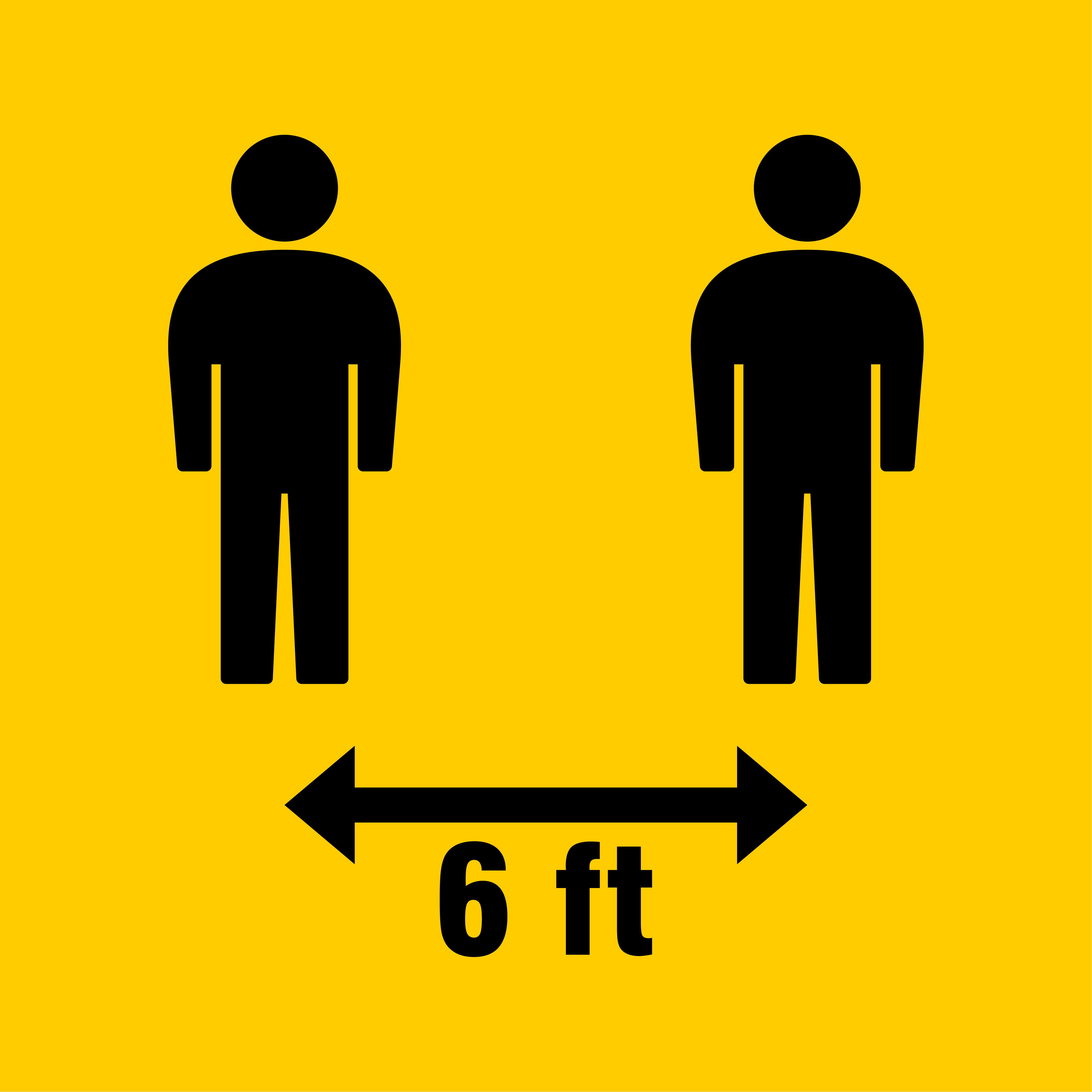 Two stick figures against yellow background with a vector in between them saying “6 feet” Two stick figures against yellow background with a vector in between them saying “6 feet”