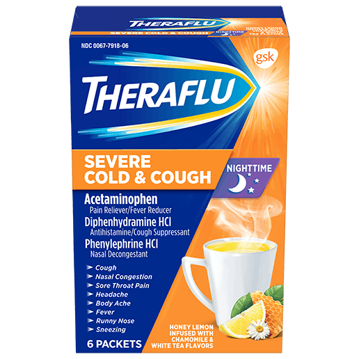 Box of Theraflu Nighttime Severe Cold & Cough Hot Liquid Powder Medicine