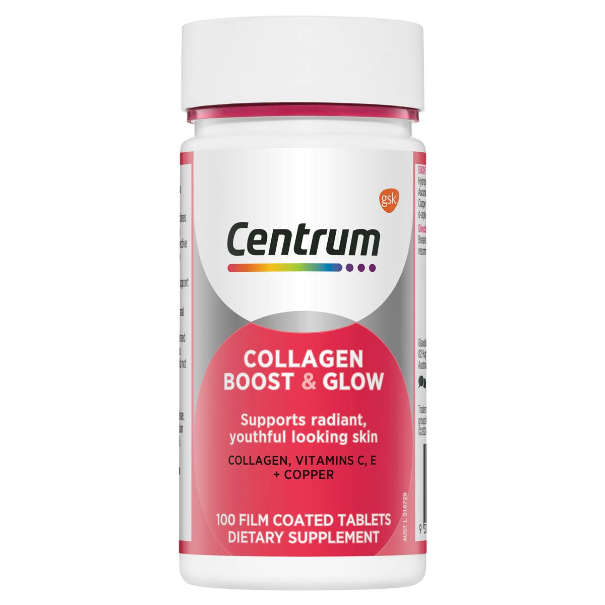 Bottle of Collagen Boost & Glow from the Centrum Benefits Blend (50 tablets).
