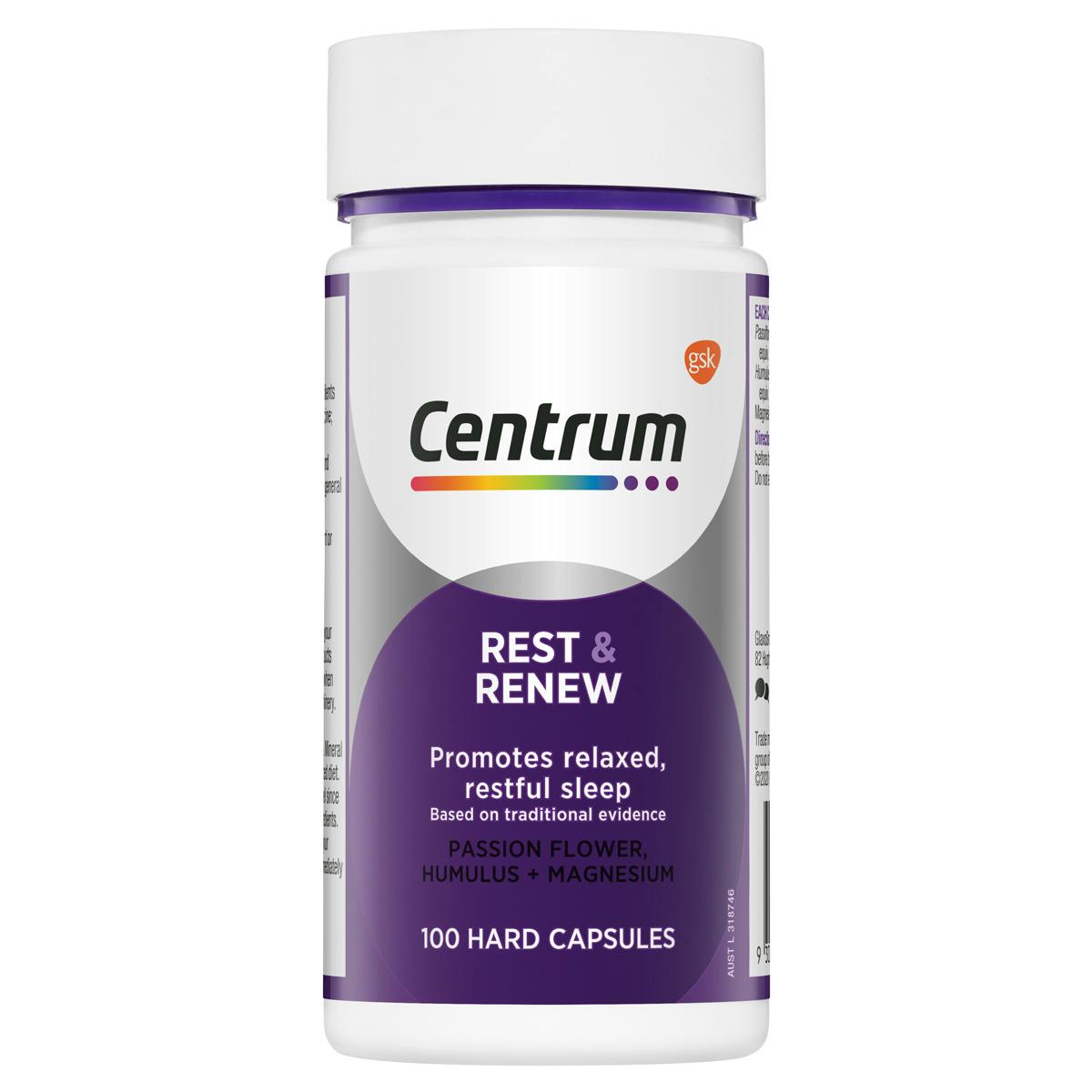 Bottle of Rest & Renew from the Centrum Benefits Blend (50 capsules).