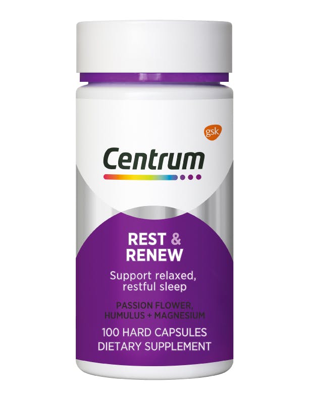 Bottle of Rest & Renew from the Centrum Benefits Blend (50 capsules).