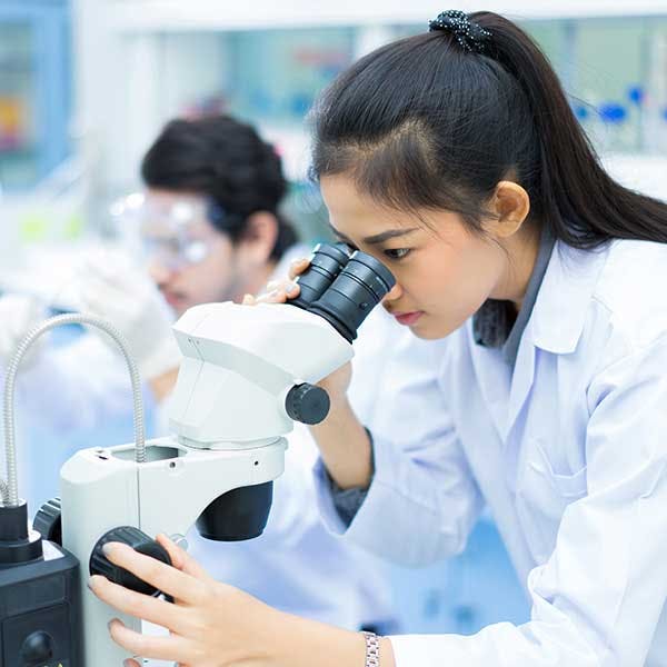 Mujer mirando a través de un microscopio en un laboratorio Mujer mirando a través de un microscopio en un laboratorio