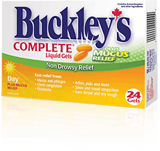 Box of Buckley's Complete + Mucus Liquid Gels- DaytimeBoîte de Buckley Complet Gélules liquides plus Anti-Mucosités – Jour Boîte de Buckley Complet Gélules liquides plus Anti-Mucosités – Jour