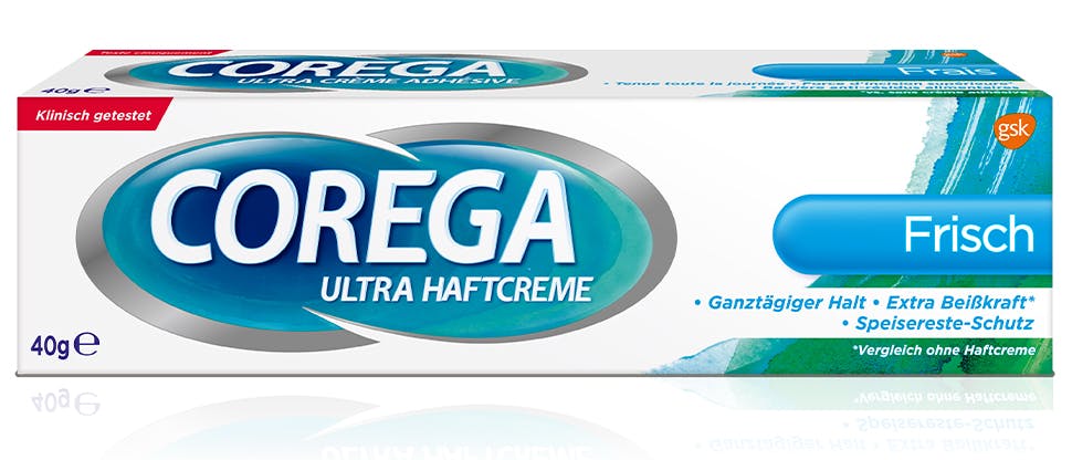 pt.expertportal@gsk.comCorega Ultra Haftcremes bilden eine Versiegelung, die gegen das Eindringen von Speiseresten zwischen Prothese und Zahnfleisch hilft.