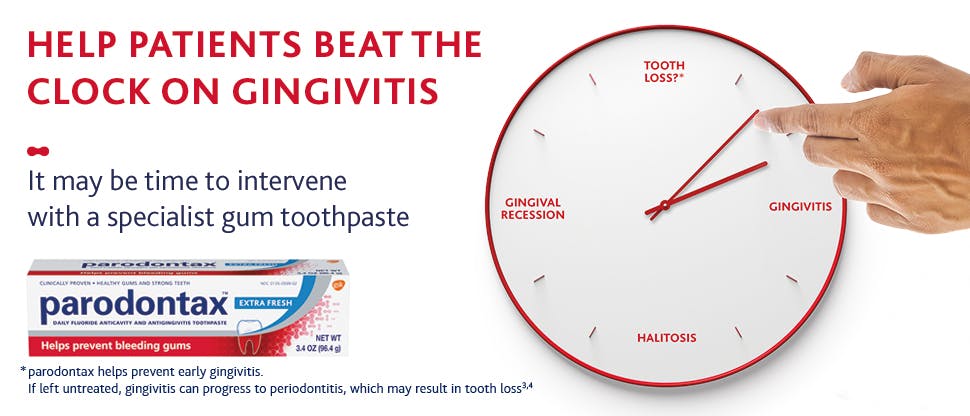 SM1280 I Portal Image I USA I Oral Care I 970x416 I Beat-the-clock Male patient illustration and parodontax toothpaste pack shot