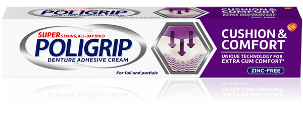 Super Poligrip cushion and comfort denture adhesive cream pack shot