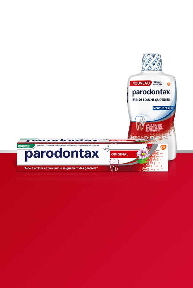 Gamme de dentifrices et bain de bouche parodontax pour aider à arrêter et prévenir le saignement occasionnel des gencives.