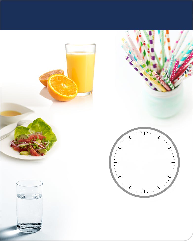 Images d'un jus d'orange, d'un verre d'eau, d'une salade, de pailles et d'une horloge. Images d'un jus d'orange, d'un verre d'eau, d'une salade, de pailles et d'une horloge.