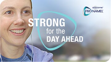 Click here to learn more about making Sensodyne Pronamel a part of your healthy lifestyle A young woman smiling and looking positive with the Sensodyne logo
