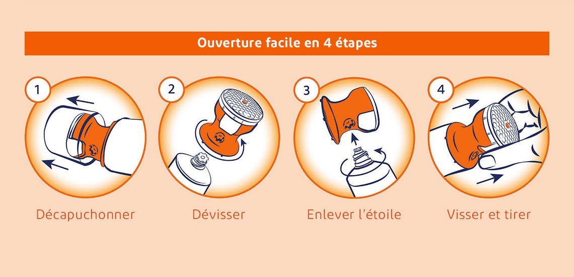 Bouchon facile à ouvrir : décapuchonner, dévisser, enlever l’étoile, visser et tirer.